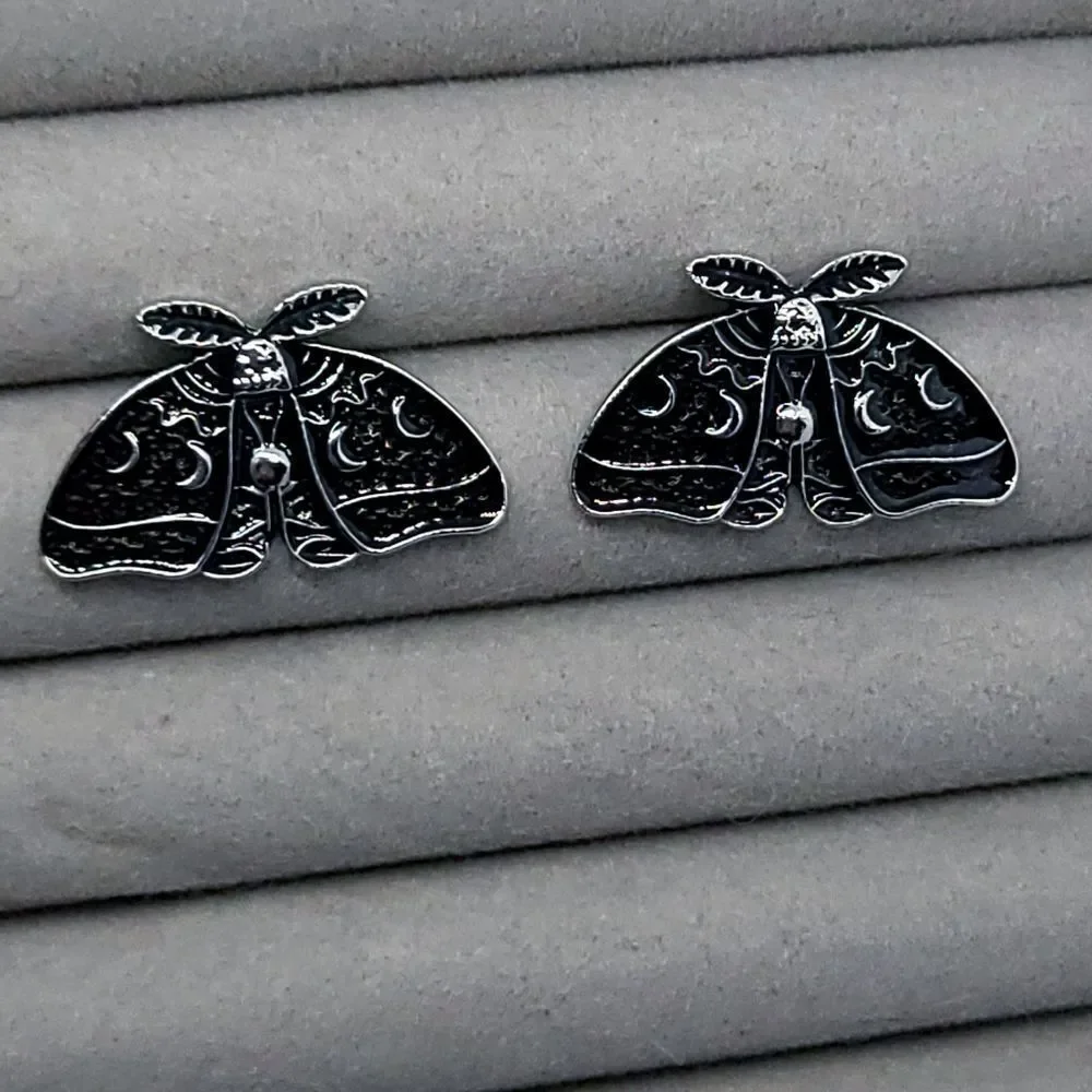 Luna Moth Stud Earrings Antique Silver Moon Phase Celestial Gothic Nature